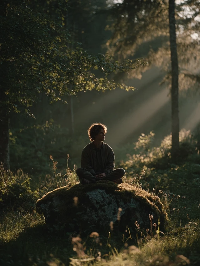 Man Meditating in Forest Clearing: Nature Healing