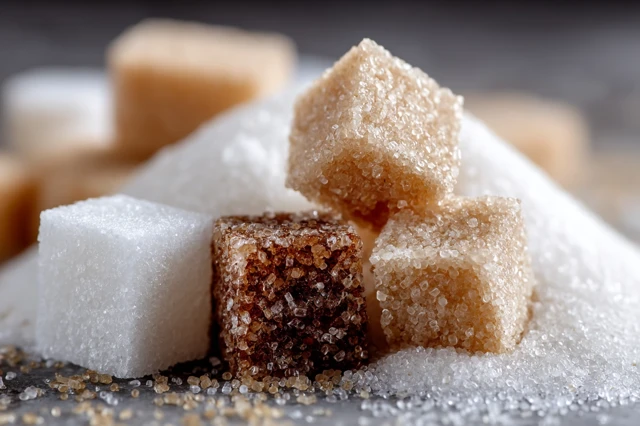 Sugar Variety Contrasts Turbinado Cubes Close Up