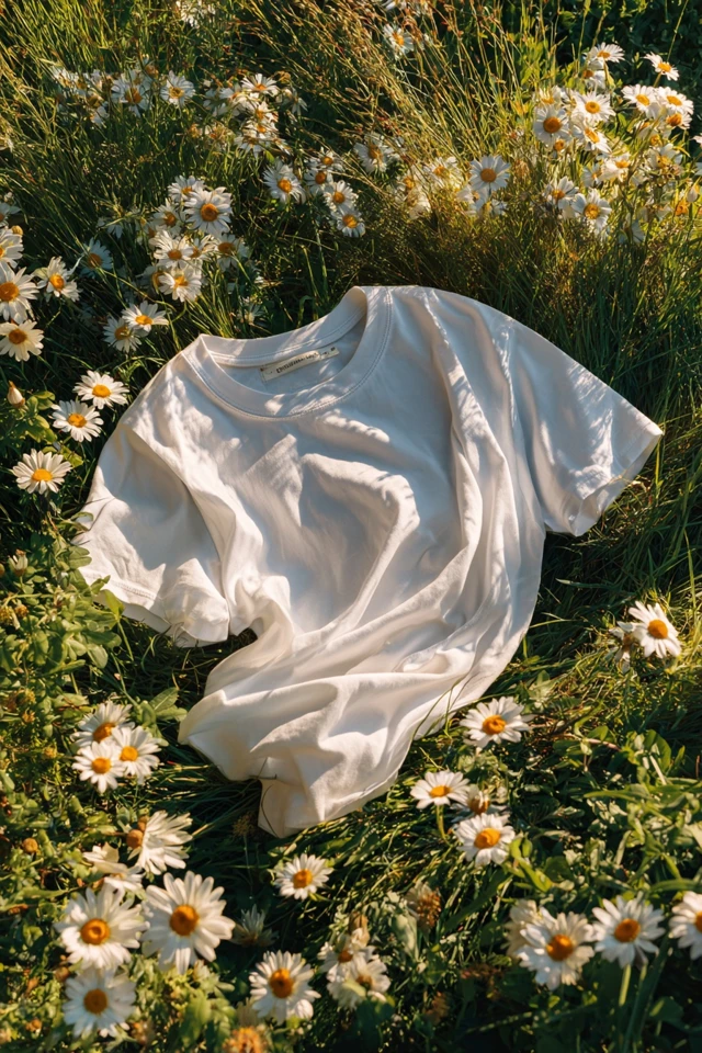 White Cotton TShirt on Green Grass and Daisies