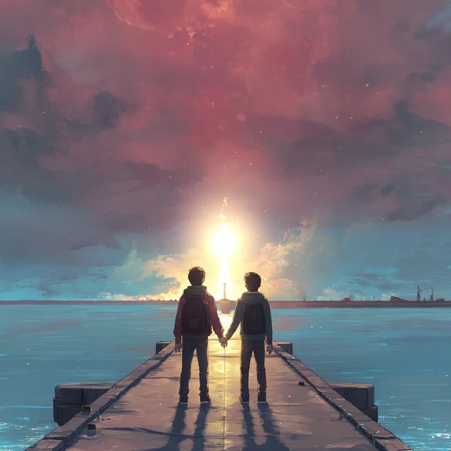 Indie Videogame Art Boys on Pier Horizon