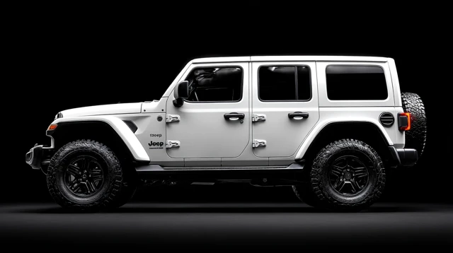 White Jeep Wrangler 2025 Side View Four Door