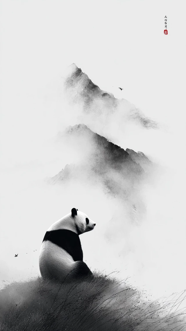 Zen Panda Ink Wash Painting Misty Mountains
