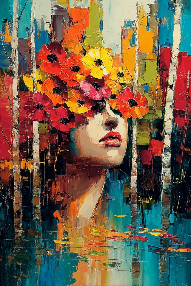 Abstract Portrait Art with Floral Crown and Vivid Colors