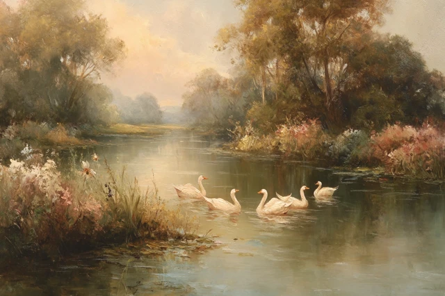 Vintage Oil Painting Serene Lake Scene Geese Nature