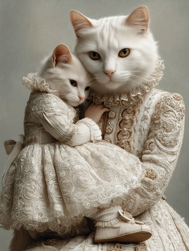 Mother and Daughter Cats in Dresses Tender Cuddle