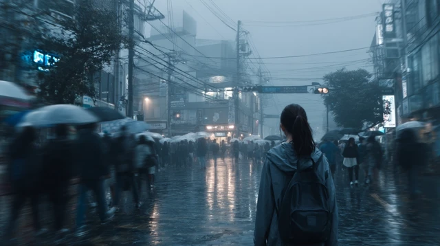 Rainy City Street: Lonely Girl in the Rain