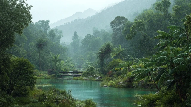 Summer Rain Forest Landscape with Lake and Bridge