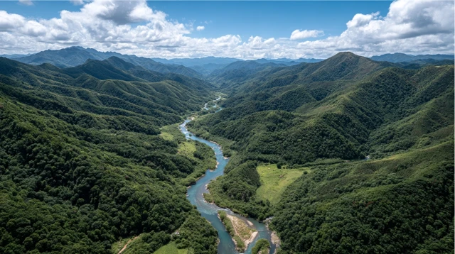 Verdant Mountains and Winding River Landscape