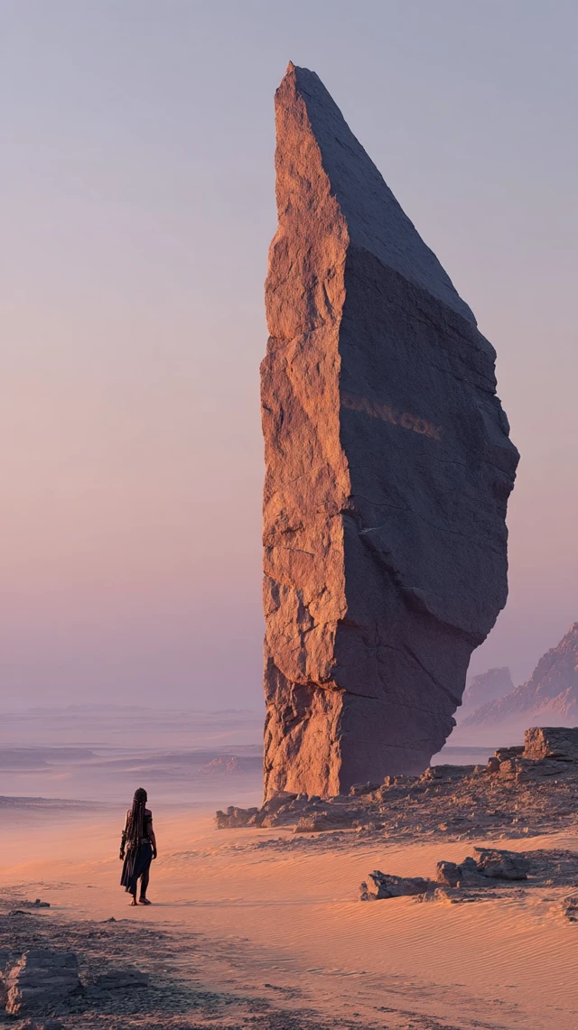 Mystical Monolith: Desert Scene with Ethereal Woman