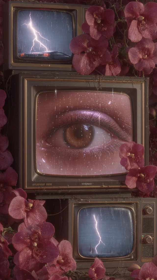 Surreal CRT TVs with Orchids: Dreamlike Analog Glitch