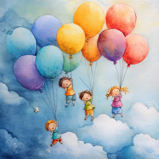 Watercolor Painting Children and Balloons