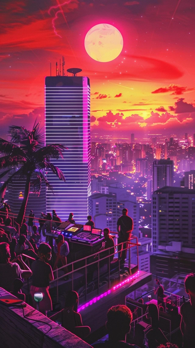Synthwave Rooftop Party Miami 80s Vibe