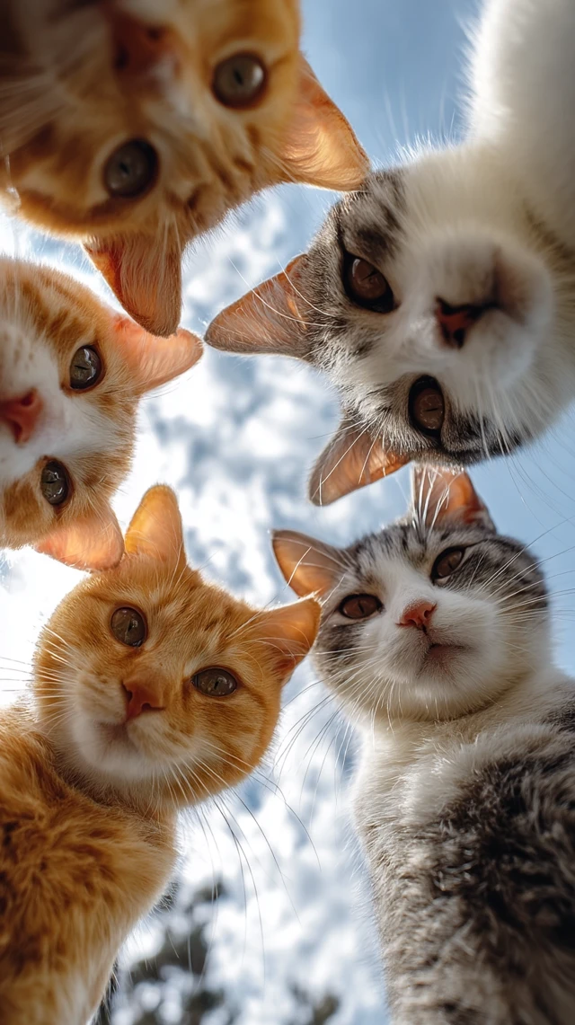Cute Cats Looking Upwards From Below
