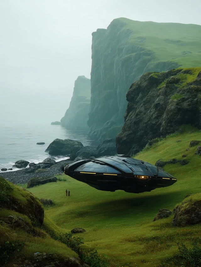 Spaceship Hovering Over Coastline - Cinematic Sci-Fi