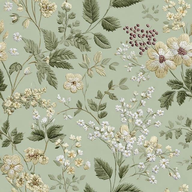 Embroidered Floral Pattern Sage Green Beige Delicate Details