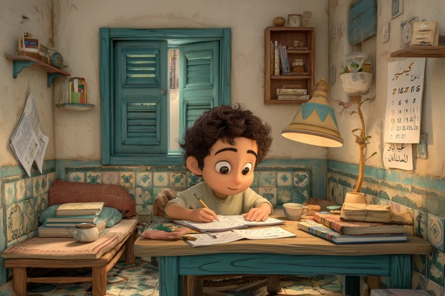 Egyptian Schoolboy Studying in Cozy Home 3D Cartoon