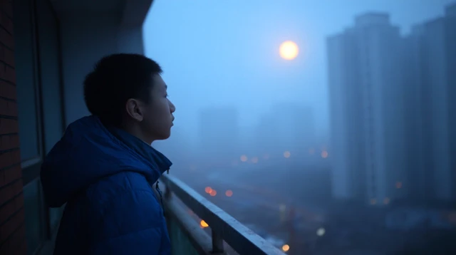 Young Chinese Man Gazing at Moonlit Sky