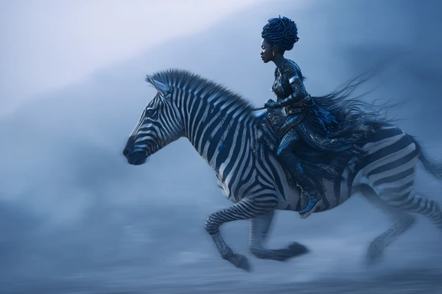 Nymph Riding Zebra Through African Fog