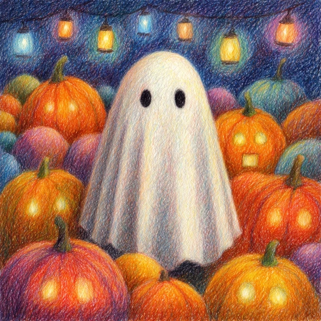 Cute Halloween Ghost with Pumpkins and Lanterns