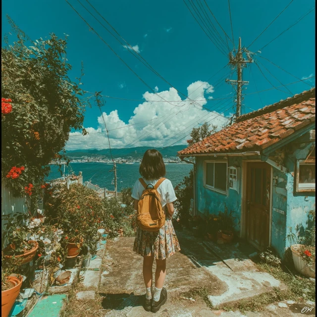 Vintage Japanese Girl Coastal Scene Photography