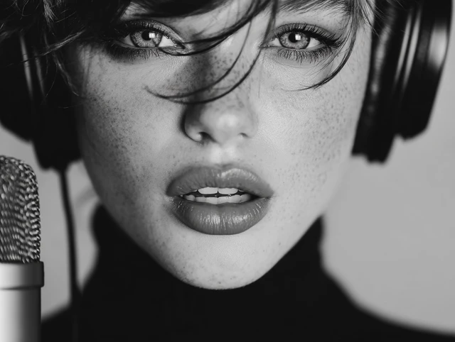 Beautiful Singer in Headphones Black and White Portrait