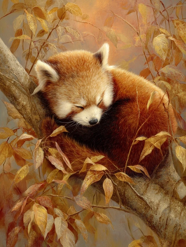 Sleeping Red Panda in Autumn Leaves
