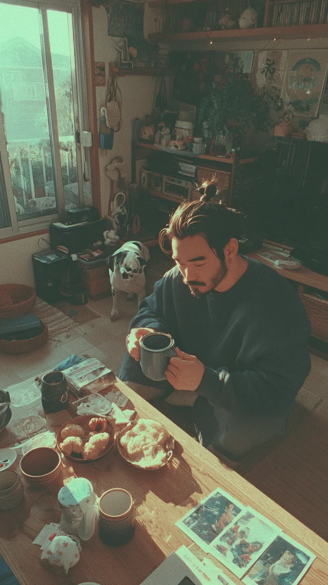 Man with Dog and Coffee in a Cozy Room