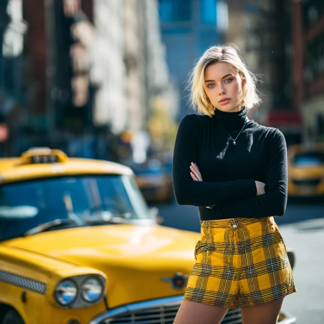 Fashion Shot Russian Model Manhattan Yellow Car