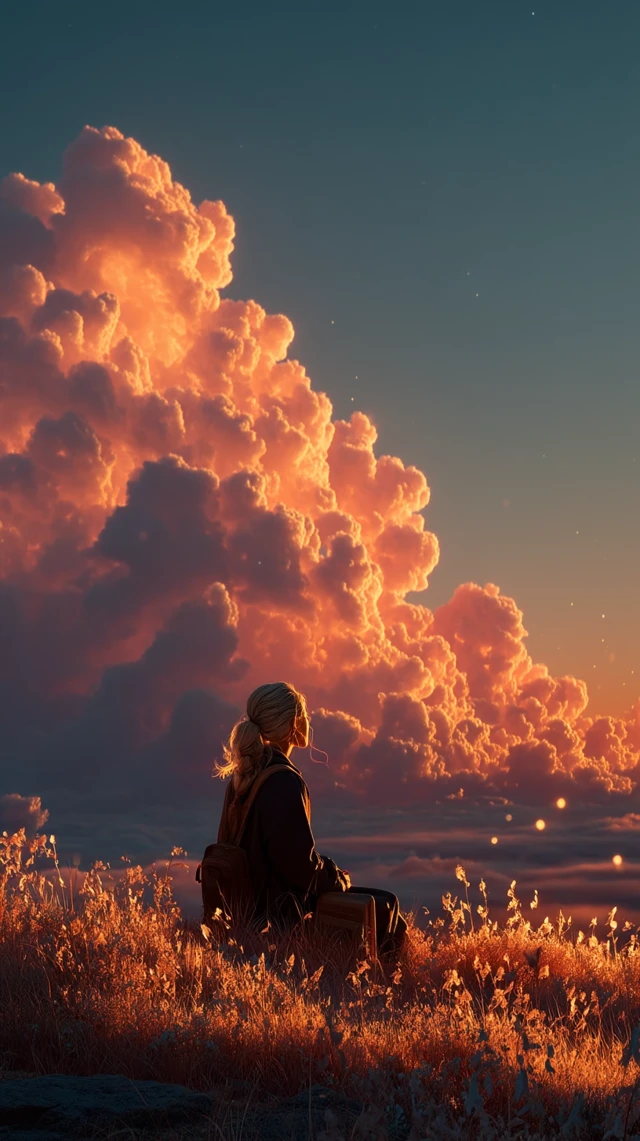 Dreamy Twilight Scene: Girl Under Glowing Sky
