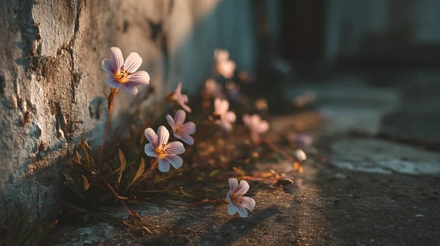 Flowers Blooming in Sunlight Concrete Wall