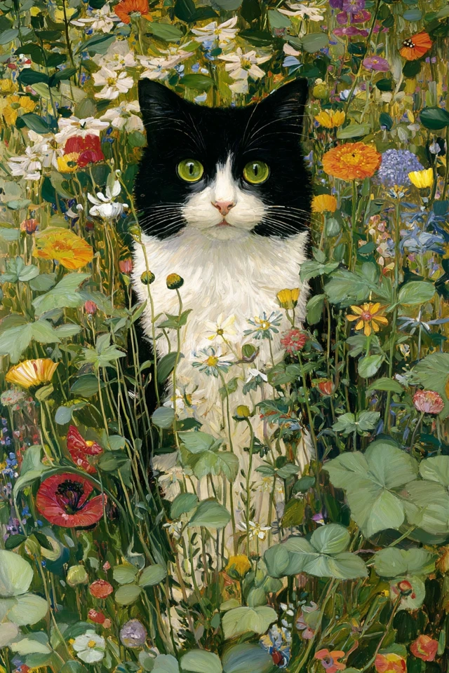 Cat in Wildflowers Klimt Style Painting
