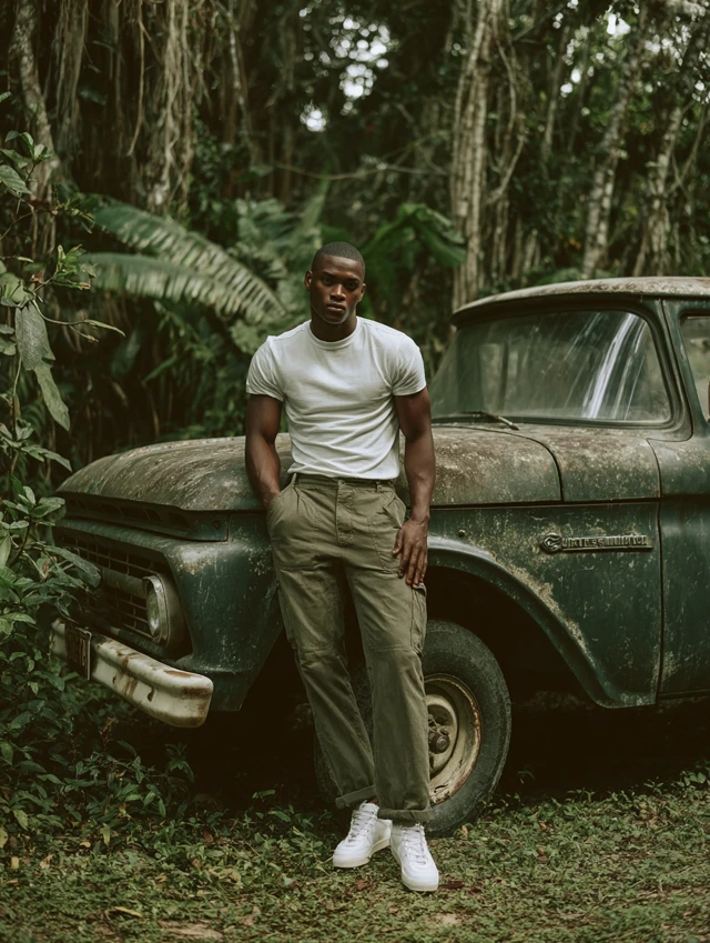 Black Male Model in Cuban Jungle Vintage Truck