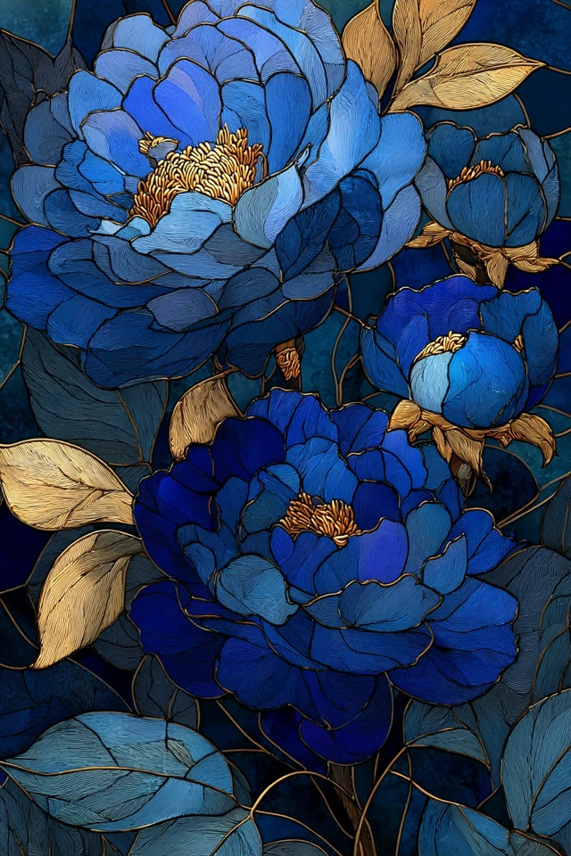 Navy Blue Flowers Stained Glass Art with Gold Accents