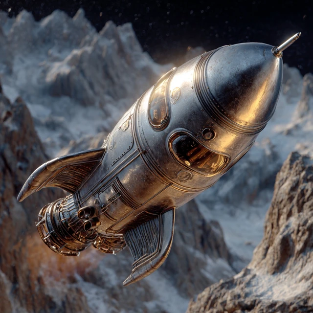 Retro Rocketship Flying in Space Over a Planet