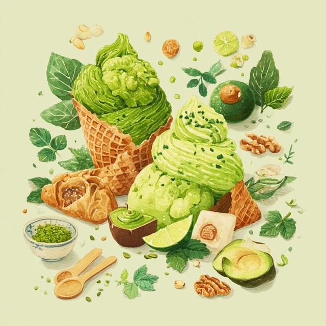 Matcha Ice Cream Watercolor Illustration