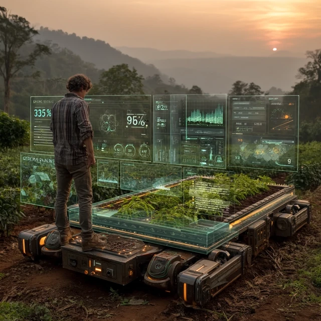 Futuristic Farming Technology in Sunset Landscape