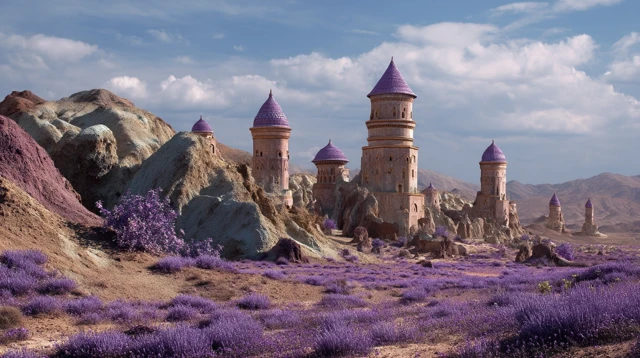 Elven Fantasy Towers in a Lavender Field
