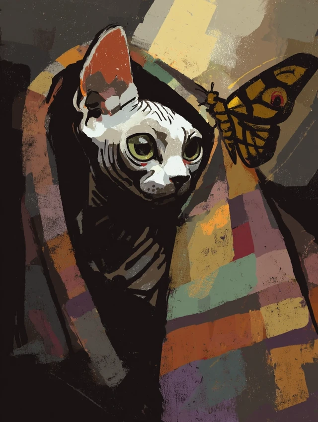 Cute Devon Rex Cat and Luna Moth Art