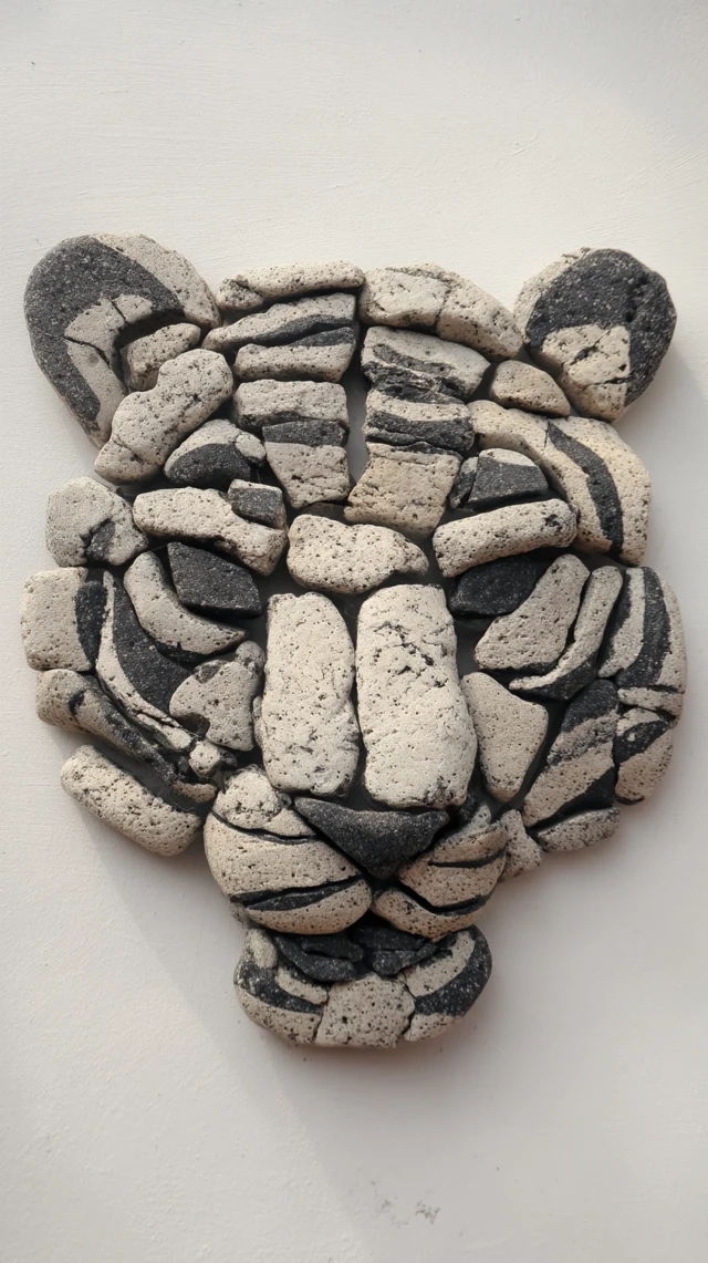Stone Tiger Head Art on White Wall