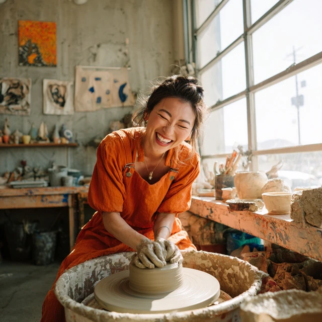 Asian Woman Pottery Making Fun in Ceramics Class