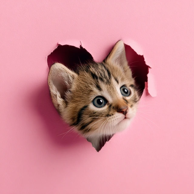 Adorable Kitten Peeking Through Heart Pink Background