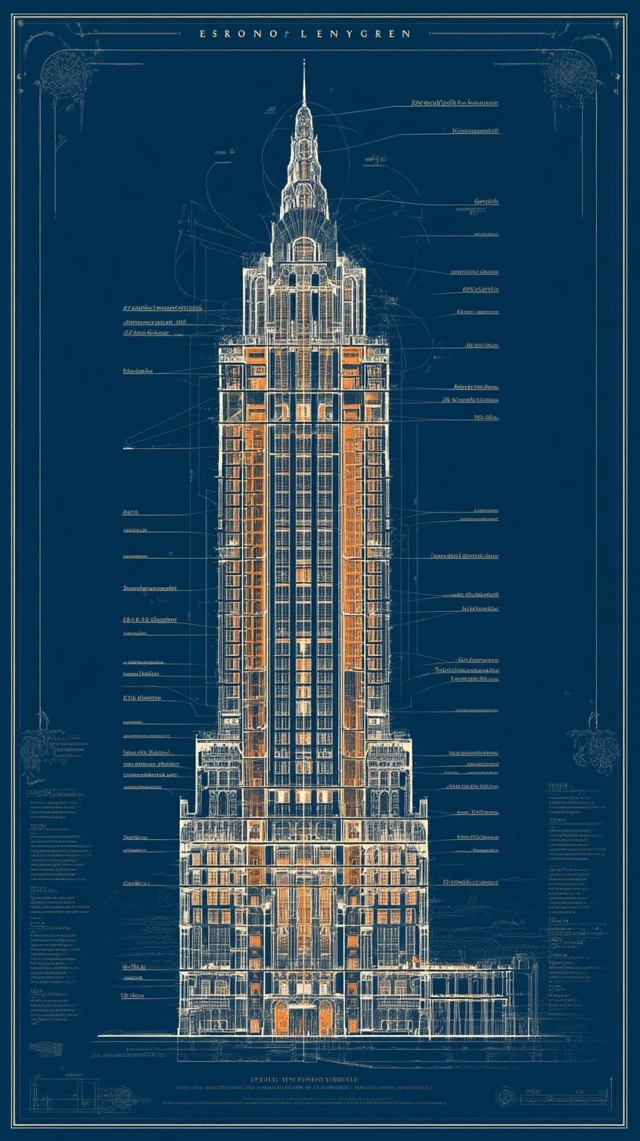 Art Deco Skyscraper Blueprint with Magical Secrets