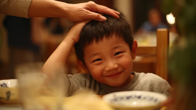 Warm Scene of a Chinese Boy at the Dining Table
