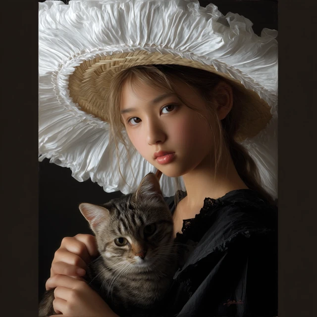Japanese Woman with Cat Umbrella Photorealistic