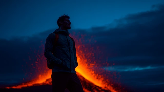 Volcano Sunrise Awe Inspiring Man Facing Eruption