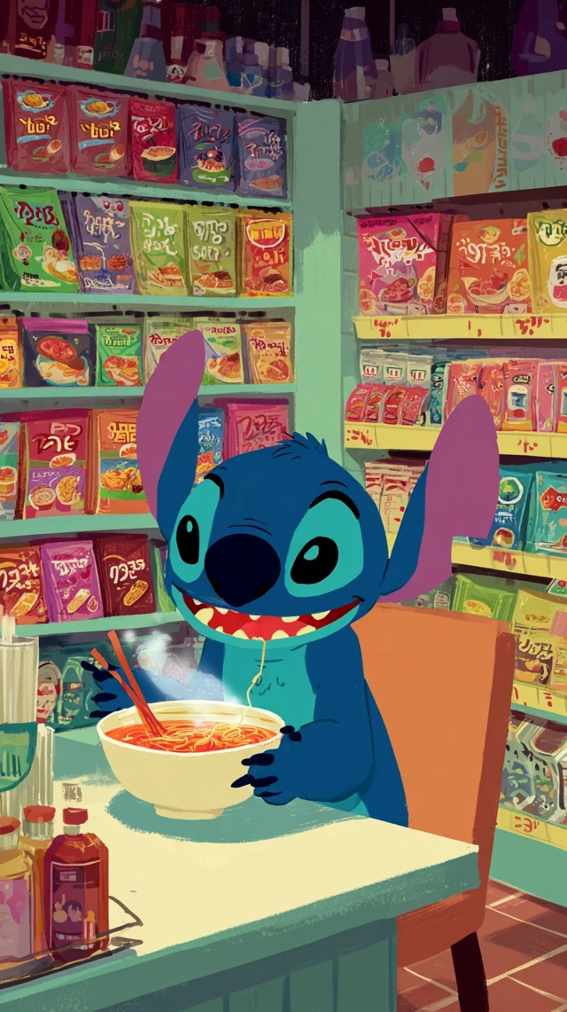 Stitch Enjoys Spicy Korean Ramen Cartoon Illustration