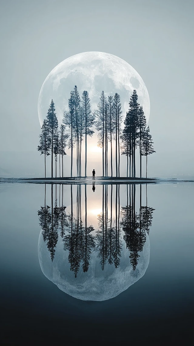 Moonlit Lake Reflection: Pine Trees and Mist