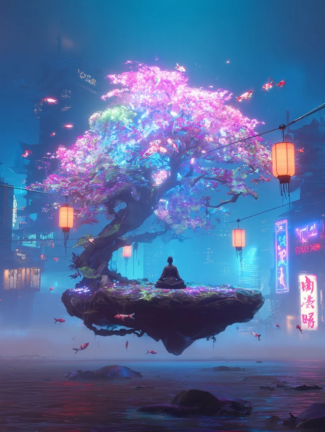 Cyberpunk Asian Temple Meditation Art 4K