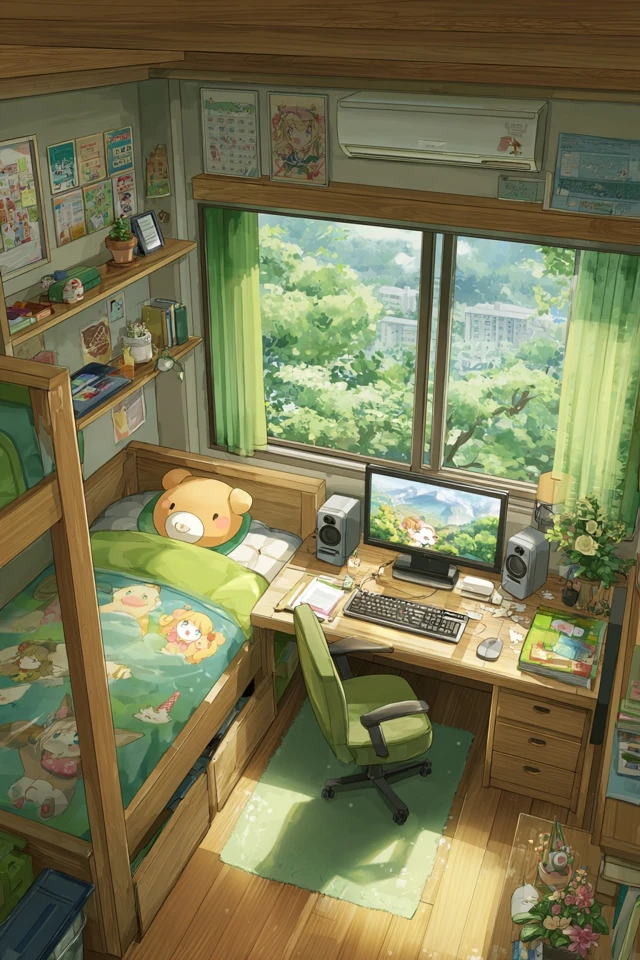 Anime Room Study Space with Green Decor