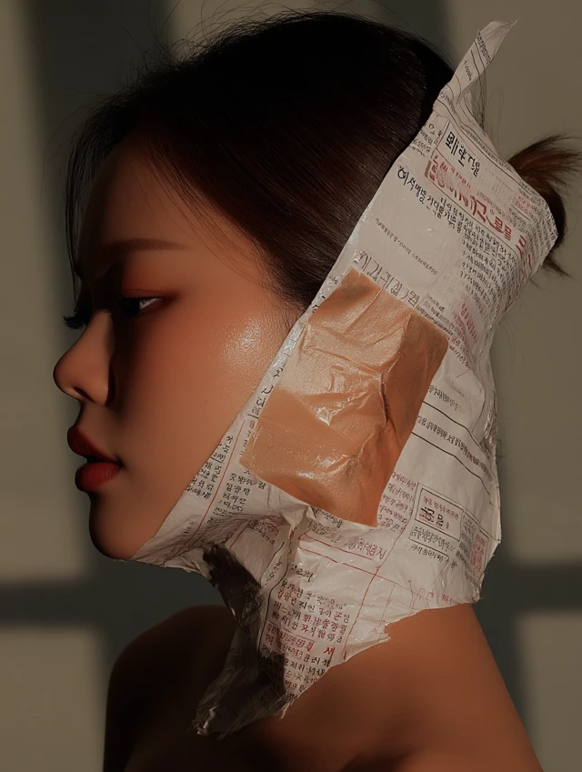 Korean Woman with Stickers on Face
